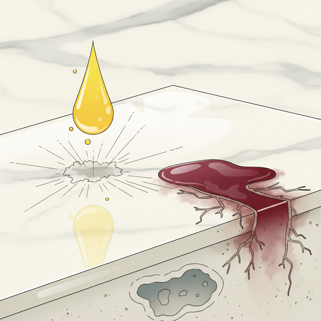 A detailed, infographic-style illustration showcasing the microscopic vulnerabilities of a polished marble surface. On one side, depict a bright yellow drop (representing an acidic substance) visibly causing a subtle, dull etched area on the otherwise shiny stone. On the adjacent side, show a dark red liquid (like wine or coffee) subtly seeping into tiny, invisible capillaries and pores within the marble. Use clean lines and contrasting, yet harmonious, colors to highlight the chemical reaction and absorption process without explicit labels. The background should be a subtle, elegant marble texture.