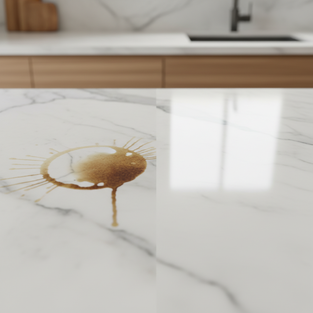 A professional, clean product photography style image showcasing a luxurious white marble kitchen countertop. The composition is divided into two conceptual halves: one half features a noticeable, realistic dark brown organic stain, such as a dried coffee ring, prominently on the pristine marble surface. The other half transitions seamlessly to an immaculately clean, brilliantly polished section of the identical marble, reflecting ambient light beautifully. The overall impression should be a striking visual contrast, emphasizing the potential for effective stain removal and the restoration of the stone's beauty.