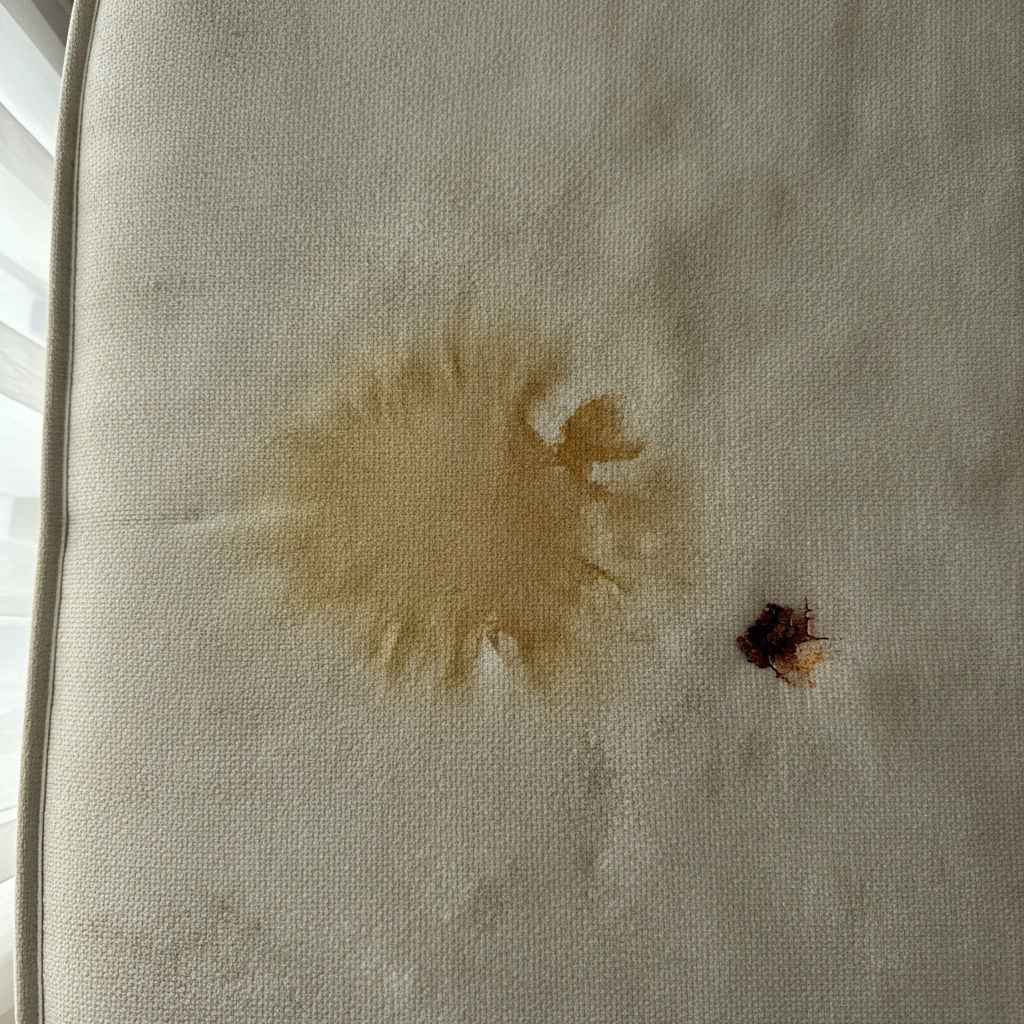 A close-up, top-down view of a mattress surface showcasing multiple common stains. Depict distinct areas with a yellowish sweat stain, a darker, possibly damp-looking urine-like stain, and a small, dried reddish blood-like smudge. The mattress fabric should appear slightly worn or discolored around the stains, indicating neglect. Use a high-quality, realistic photo style with focus on texture and detail, but without being overly graphic. The lighting should be natural and slightly subdued, emphasizing the problem without being overly dramatic, suitable for illustrating the 'before' state.