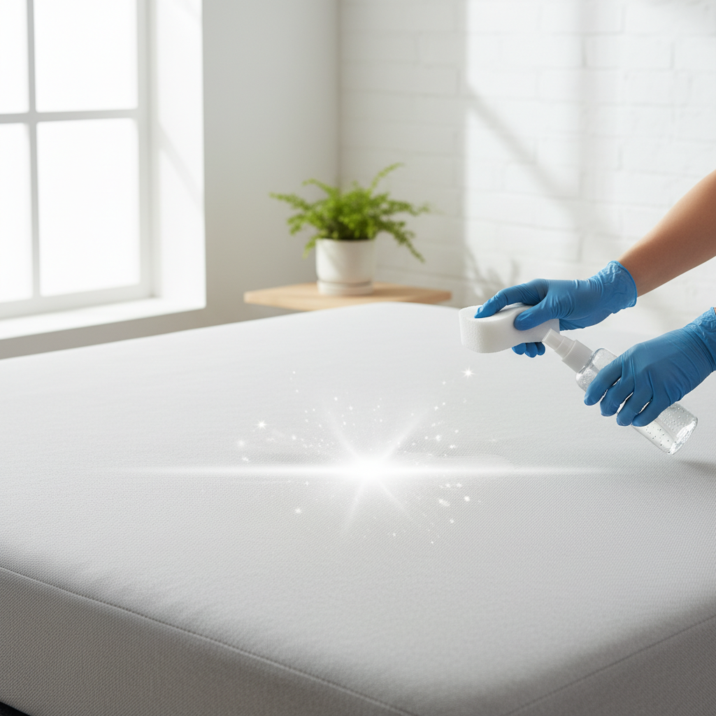 A bright, clean mattress (primarily white or light grey) in a clean, minimalist bedroom setting. A pair of hands, possibly wearing protective gloves, are actively cleaning a small, designated spot on the mattress with a sponge or cloth and a visible, generic cleaning product (e.g., a small spray bottle, a bowl with a foamy solution). The cleaned area should appear noticeably brighter and fresher, perhaps with subtle, ethereal sparkles or a clean glow to symbolize effectiveness and hygiene. Use a modern, professional studio photo style or a clean, crisp flat illustration with soft, inviting colors, conveying a sense of accomplishment and freshness.