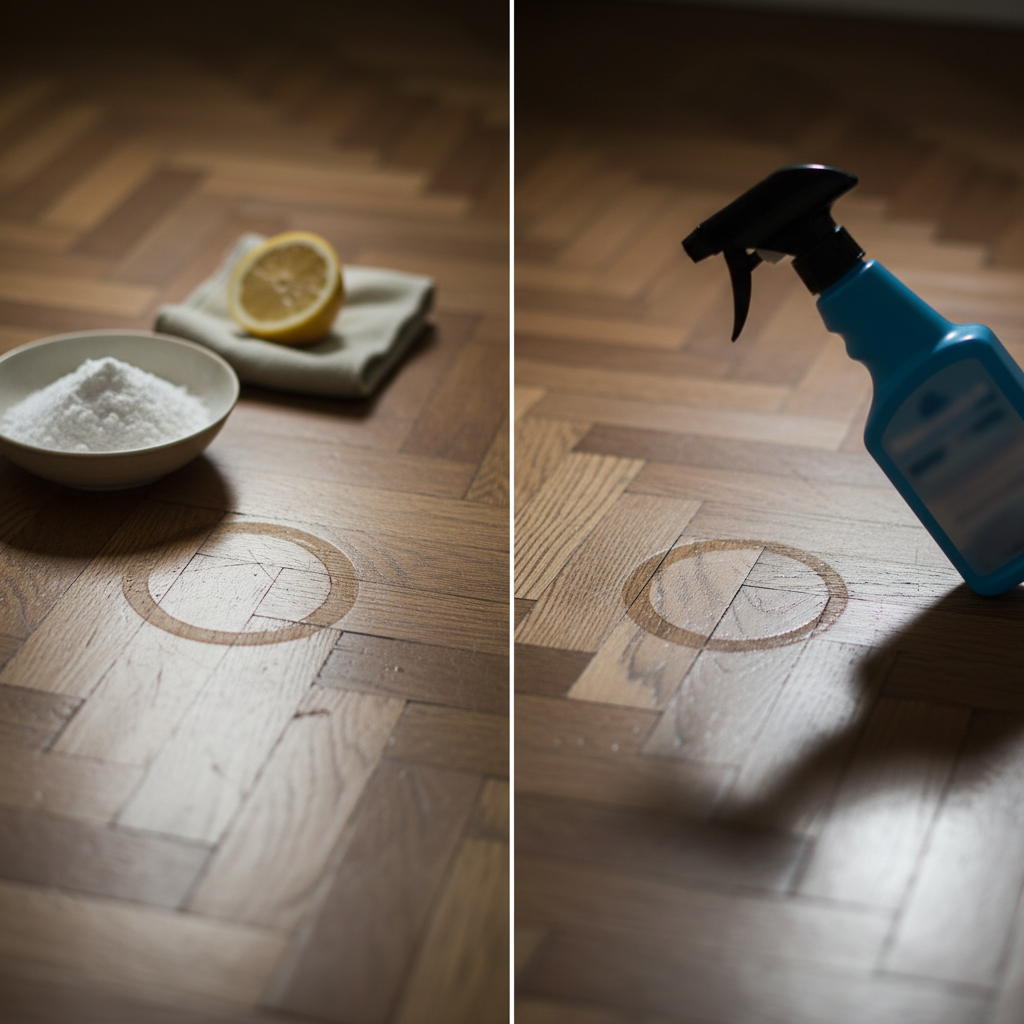 A close-up, split image of a beautiful, rich-toned parquet floor. On one side, a gentle, natural solution (such as a dish with baking soda paste or a lemon wedge with a soft cloth) is shown effectively dissolving a small, common stain like a water ring, restoring the wood's pristine appearance. The other side shows a harsh, generic chemical cleaning bottle partially obscured, casting a slight shadow or implying a less desirable outcome on a similar stain, hinting at potential damage to the wood's finish. Style: High-quality, warm-toned professional photograph with a focused depth of field.