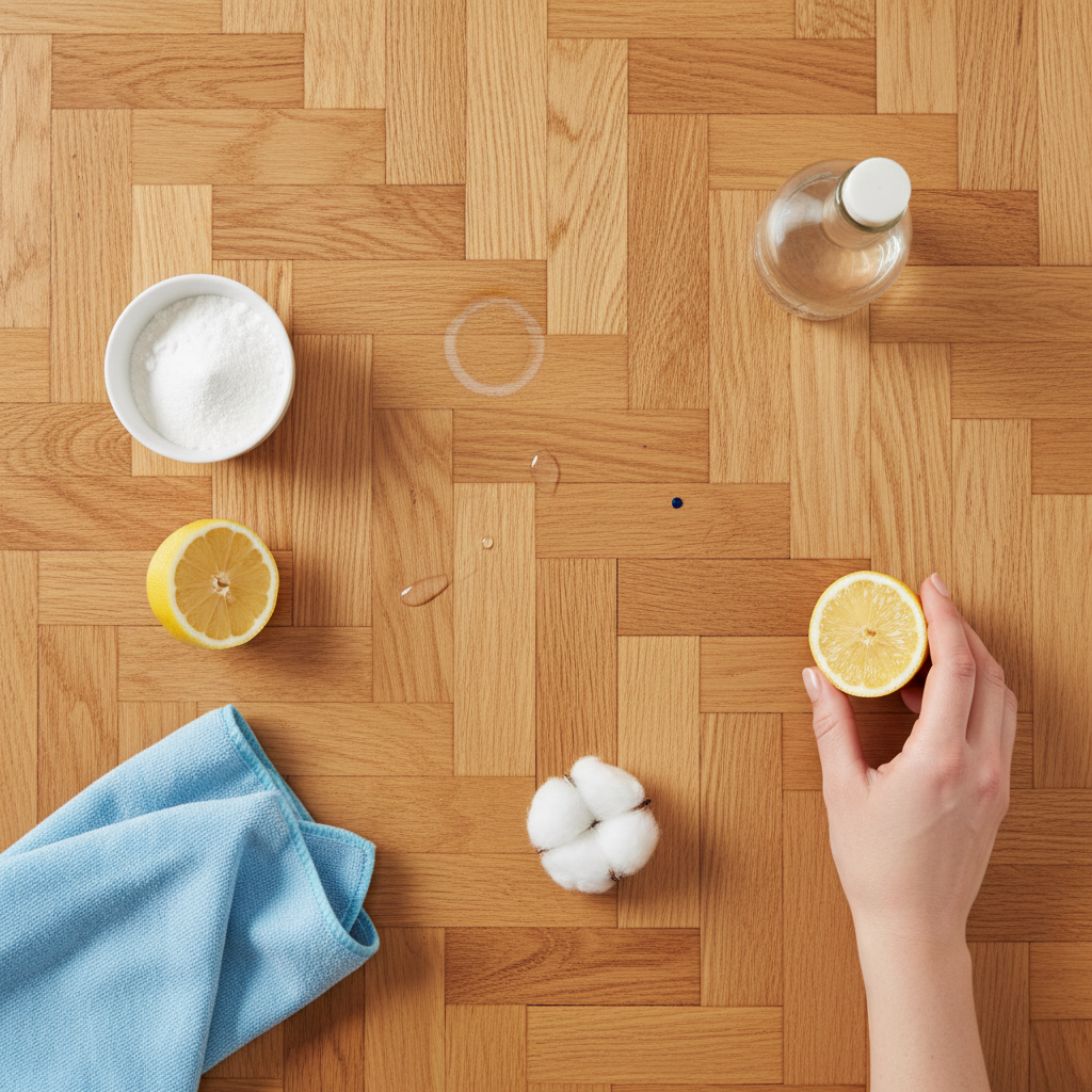 A top-down view of a section of a polished parquet floor. Various subtle, common stains are visually distinct on the wood surface (e.g., a faint water ring, a small grease spot, a tiny ink dot). Surrounding the floor are several key home remedy ingredients and tools neatly arranged: a small bowl of baking soda, a half lemon, a bottle of white vinegar, a soft microfiber cloth, and a cotton ball. A clean, gentle hand is positioned as if reaching for one of the remedies, indicating preparation and identification. Style: Bright, clean flat lay photography or a detailed, crisp flat illustration with an inviting, organized aesthetic.