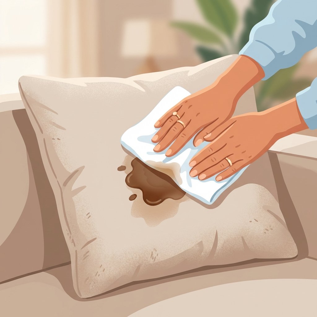 A close-up flat illustration of a plush, light-colored sofa cushion with a prominent, fresh coffee stain. A pair of hands, seen from above, are gently dabbing the stain with a white, clean microfiber cloth that is slightly damp. The background is softly blurred to keep focus on the cleaning action. The scene should convey a sense of gentle yet effective cleaning, with the stain subtly beginning to lighten. The illustration style is clean and modern, using soft shadows and a warm, inviting color palette.