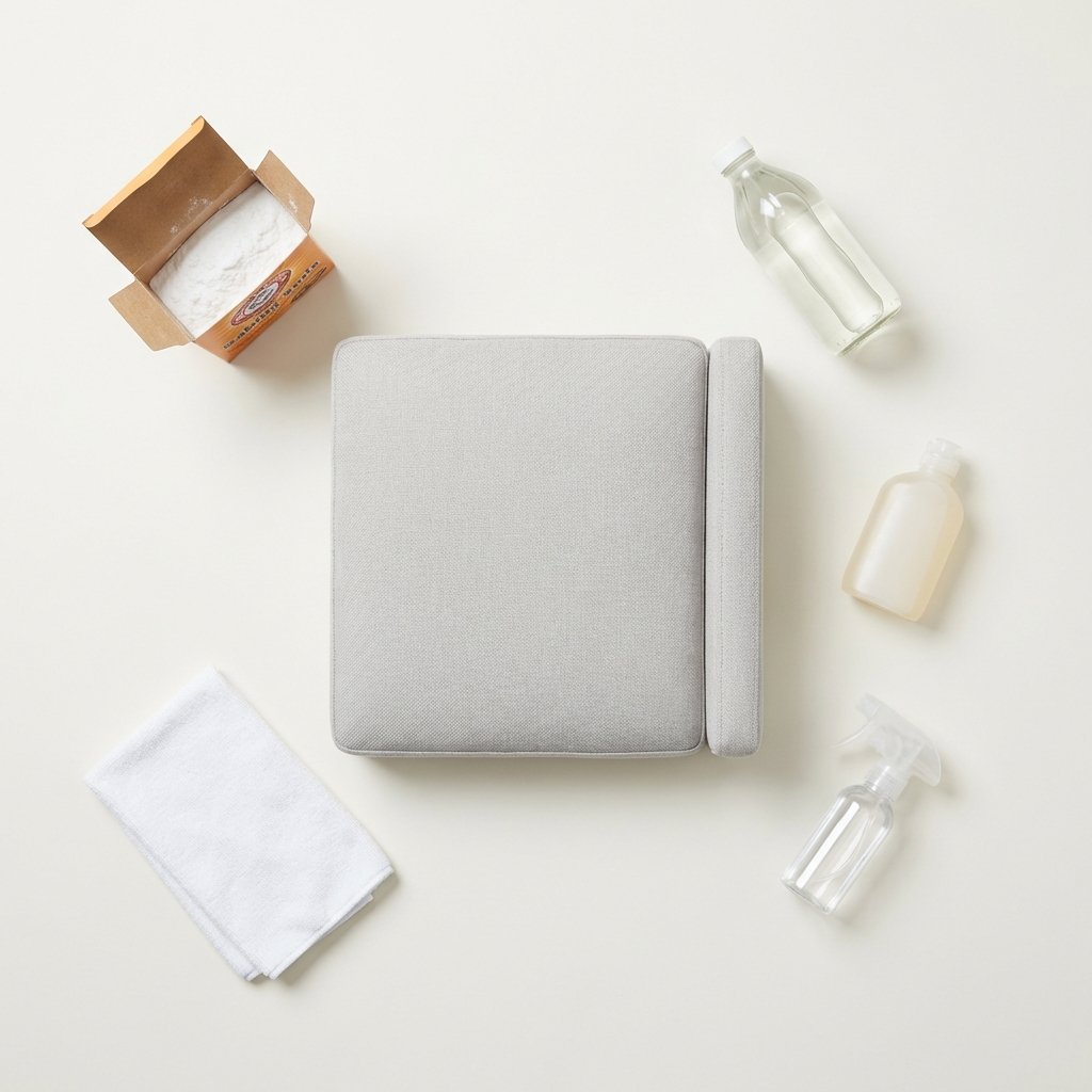 A professional, well-lit flat lay photograph on a clean, light background. Neatly arranged are various common household items associated with cleaning: an open box of baking soda, a clear bottle of white vinegar, a small bottle of mild dish soap, a clean white microfiber cloth, and a small, empty spray bottle. In the center of the composition, a perfectly clean and pristine section of a light grey upholstered sofa cushion is prominently displayed, symbolizing successful stain removal and freshness. The overall image should be bright, minimalist, and visually appealing.