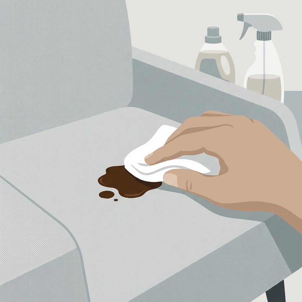 Eine detaillierte, flache Illustration, die eine Nahaufnahme von einem Stück hellgrauem Polyestergewebe zeigt, auf dem ein frischer, dunkler Kaffeefleck zu sehen ist. Eine Hand (mit neutraler Hautfarbe) tupft den Fleck vorsichtig mit einem sauberen, weißen Tuch ab. Im Hintergrund sind schemenhaft eine kleine Flasche Flüssigwaschmittel und eine Sprühflasche zu erkennen, die eine Essiglösung andeutet. Die Szene vermittelt den Eindruck einer sanften und methodischen Fleckenentfernung. Der Stil ist sauber und modern, ideal für einen Blog-Artikel.