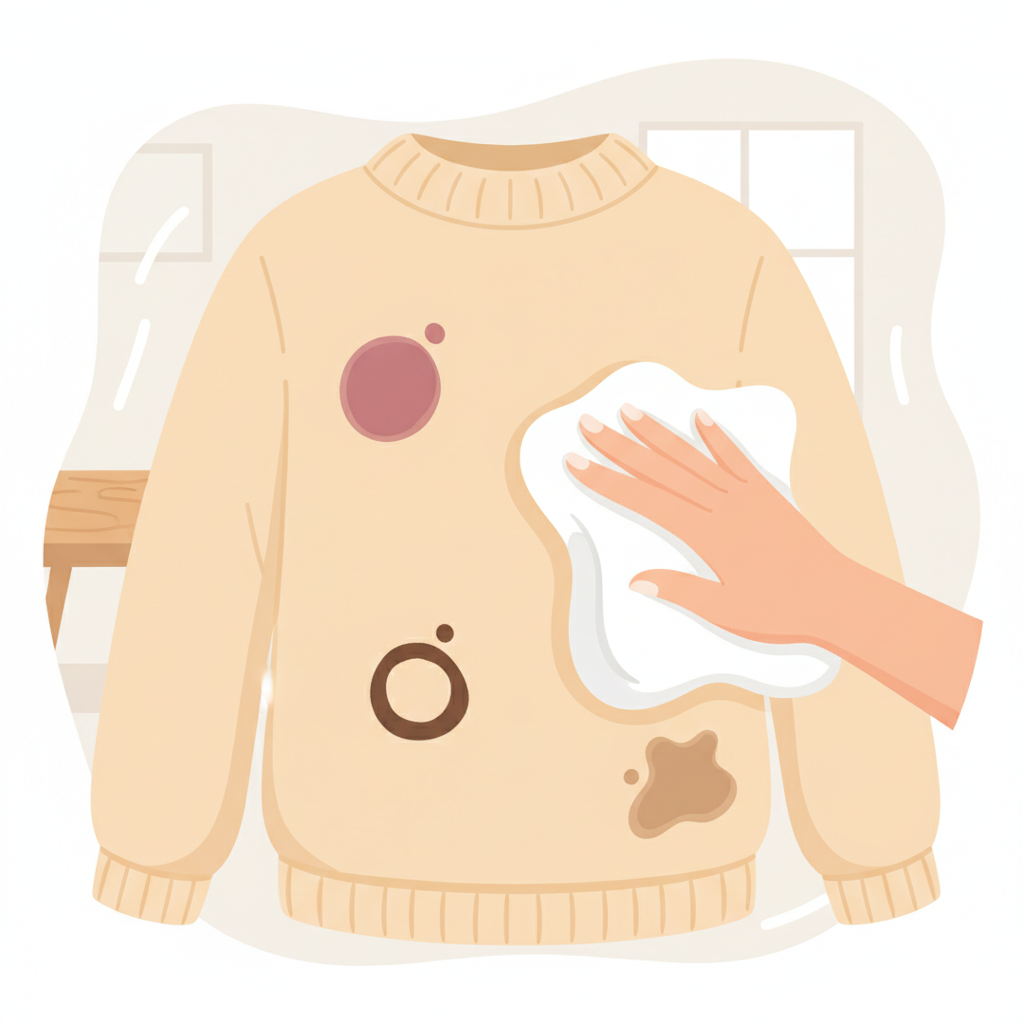 A stylized, bright flat illustration showing a clean, soft knitted sweater on one side, subtly transitioning to a section with various common, fresh stains like a red wine spill, a coffee ring, and a small grease spot on the other side. A gentle, caring hand is seen delicately dabbing one of the stains with a clean white cloth. The overall mood should be hopeful and empowering, suggesting that stains are temporary. The background is light and minimalistic, emphasizing the sweater and the action.