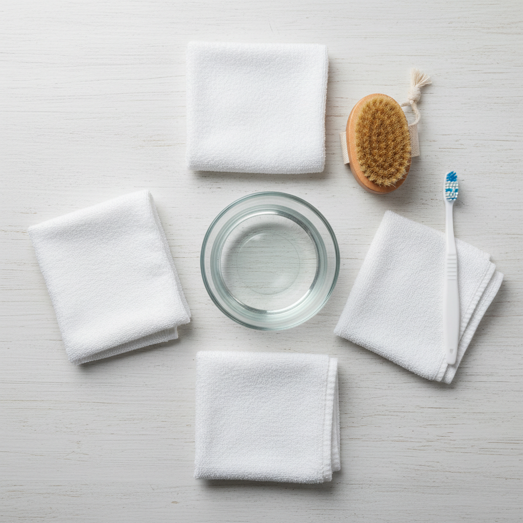 A clean and professional top-down photo composition of essential stain removal tools neatly arranged on a light wooden or neutral fabric surface. Items include several clean, folded white cloths, a soft-bristled brush (like a fabric brush or old toothbrush), and a small bowl of clear water. The focus is on readiness and preparedness for tackling stains, conveying organization and care. The lighting is soft and even, highlighting the textures of the materials.
