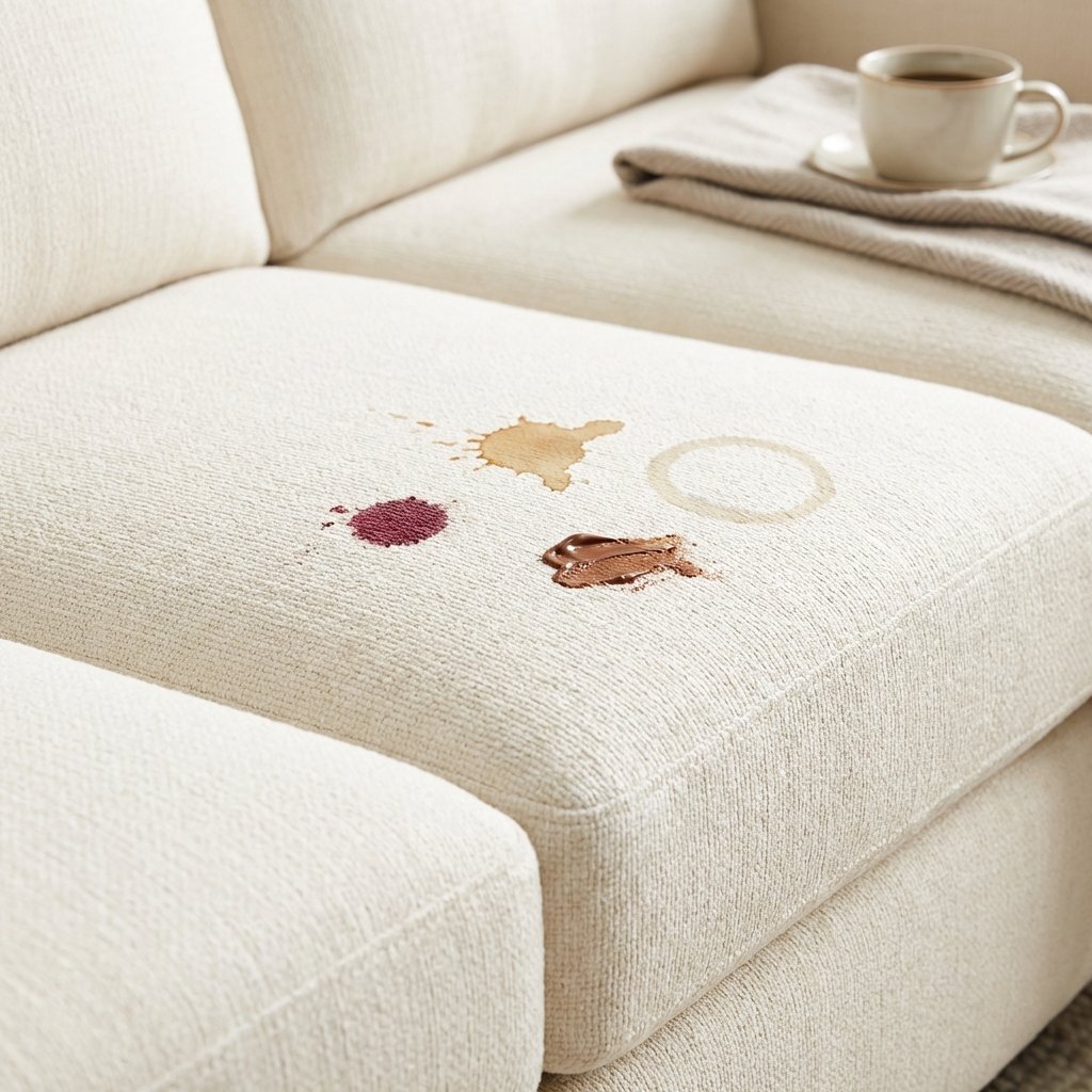 A vibrant, clean professional photo focusing on a plush, light-colored sofa section. Various distinct, common stains are subtly but clearly visible on the upholstery: a dark red wine spill, a light brown coffee splash, a small smudge of melted chocolate, and a faint greasy ring. The stains are localized, showing different types of household accidents without being overwhelmingly messy, conveying the typical challenges faced by homeowners. The overall lighting is bright and inviting, making the problem clear in a visually appealing way.