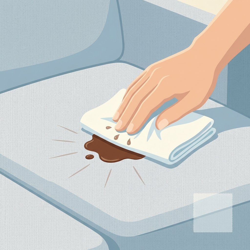 A modern, clean flat illustration depicting a close-up action shot on a fabric sofa. A hand, with a clean, white cloth or paper towel, gently dabs a fresh liquid stain, like a recently spilled coffee ring. The illustration clearly demonstrates the 'blotting, not rubbing' technique, with the fabric subtly absorbing the liquid. In the background or corner, a small, barely visible test patch area on the upholstery indicates where a cleaning product was safely applied. The color palette is soft and inviting, emphasizing cleanliness and careful action.