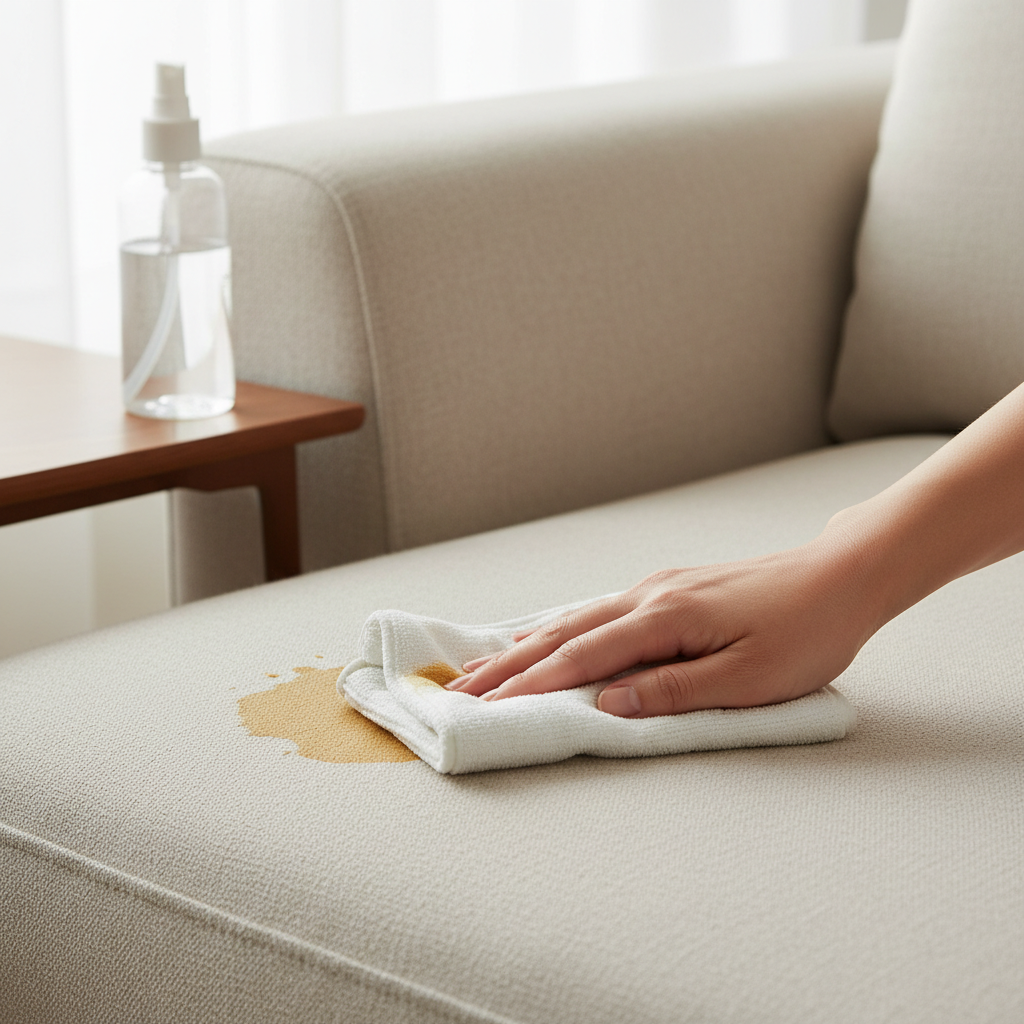 A bright, well-lit professional photo showing a close-up of a human hand gently dabbing a fresh, noticeable coffee stain on a modern, light-colored fabric sofa. A microfiber cloth is being used, and a subtle cleaning spray bottle is slightly out of focus in the background. The emphasis is on the careful, effective action of stain removal, with the sofa fabric appearing clean and inviting, highlighting the successful restoration process. The mood is hopeful and practical.