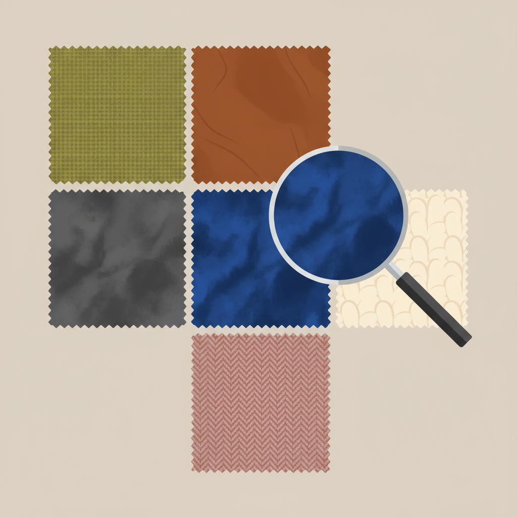 A visually appealing flat illustration featuring a composition of several distinct sofa fabric swatches. The textures should clearly represent different materials such as woven cotton, smooth leather, soft microfiber, and plush velvet. Each swatch is distinct in color and texture, arranged in an aesthetically pleasing, organized grid or overlapping pattern to convey the diversity of sofa materials. A stylized magnifying glass hovers over one swatch, emphasizing the importance of close inspection and material identification, but without any specific cleaning symbols or text visible.