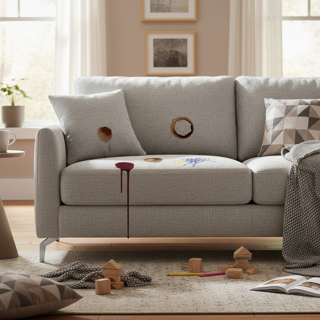 A vibrant, cozy living room scene featuring a stylish modern sofa. The sofa fabric, possibly a light grey or beige, is marked with several common, realistic-looking stains: a splash of red wine, a circular coffee ring, a faint chocolate smudge, and a small, colorful crayon mark from a child's drawing. Soft, inviting light from a window illuminates the scene, highlighting the textures of the sofa and the diverse nature of the stains. The overall impression should be a relatable everyday challenge. Professional photo style.