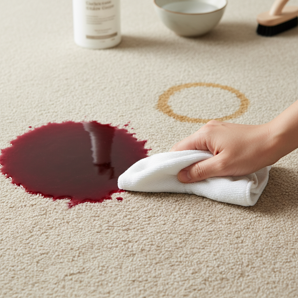 A close-up, brightly lit professional photo of a beige carpet with various fresh stains. Prominent stains include a spilled red wine puddle and a dark coffee ring. A hand, clad in a clean white glove or natural skin tone, is gently pressing a clean white microfibre cloth onto the edge of the red wine stain, demonstrating a dabbing motion. The focus is on the action of careful blotting rather than rubbing. In the softly blurred background, a generic bottle of carpet cleaner or a small bowl of water and a brush are subtly visible, hinting at the tools involved. The scene conveys immediate, careful action.