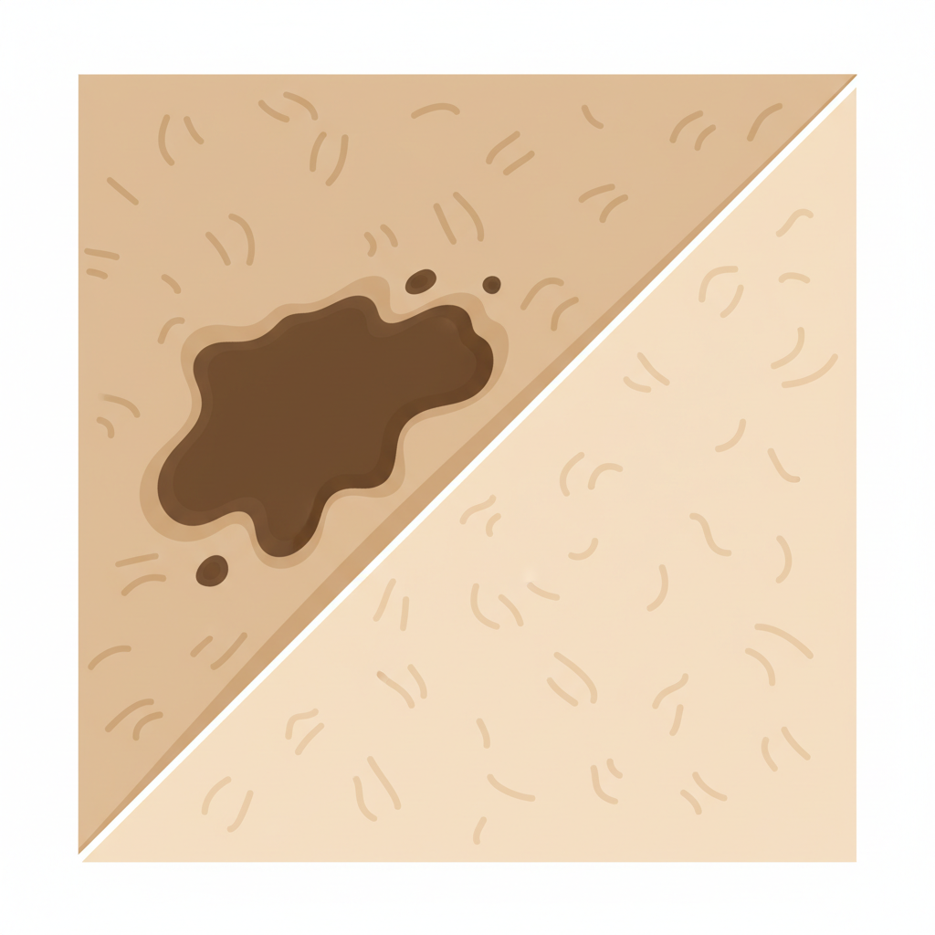 A modern, clean flat illustration depicting the concept of effective stain removal. The image is split vertically or diagonally. On one side, a section of a textured carpet fiber shows a large, dark, deeply embedded stain, possibly a muddy footprint or dried coffee, visually representing a stubborn 'before' state. On the other side, the identical section of carpet fiber is completely clean and vibrant, with no trace of the stain, signifying a successful 'after' transformation. The transition between the two states is clear, emphasizing a pristine outcome through proper cleaning.