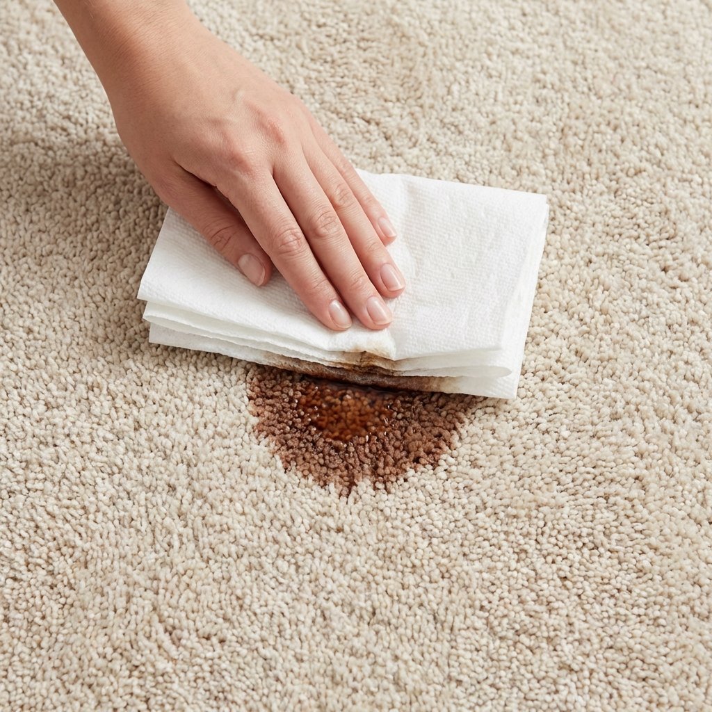 A close-up, top-down view of a light-beige, plush carpet with a fresh, dark liquid stain, like spilled coffee or red wine. A neat hand, gently pressing a clean, white stack of paper towels or a soft cloth onto the center of the stain, demonstrating the blotting action. The focus is on the absorption, showing the liquid wicking into the material, with no smearing. The overall mood is clean and instructional.