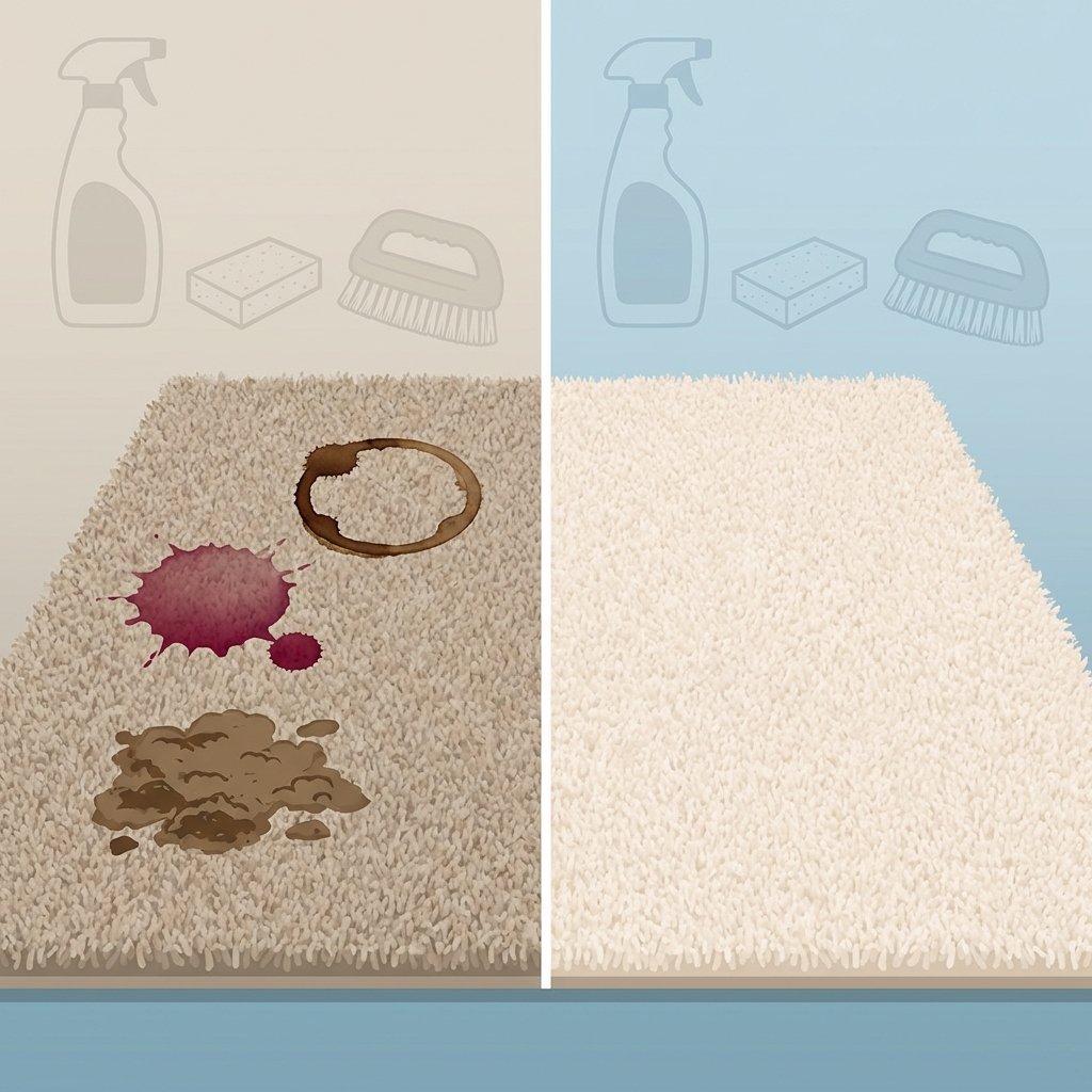 A split-view illustration of a carpet's transformation. One side shows a section of a medium-pile carpet marred by several distinct, common stains (e.g., a dark coffee ring, a reddish wine spill, a small patch of dried mud). The other side presents the identical carpet section looking pristine, clean, and vibrant. In the background, subtle outlines of cleaning tools like a spray bottle, a sponge, and a soft brush are visible. The style is a clean, modern infographic illustration.
