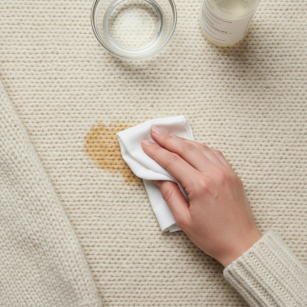 A close-up, top-down professional photo showing a hand carefully dabbing a fresh coffee stain on a soft, light-colored wool sweater. The hand holds a small, clean white cloth, gently pressing it onto the stain without rubbing. In the background, slightly out of focus, a small bowl with clear water and a bottle of mild, pH-neutral detergent hint at the gentle cleaning process. The image emphasizes the delicate texture of the wool and the careful, non-abrasive approach to stain removal.
