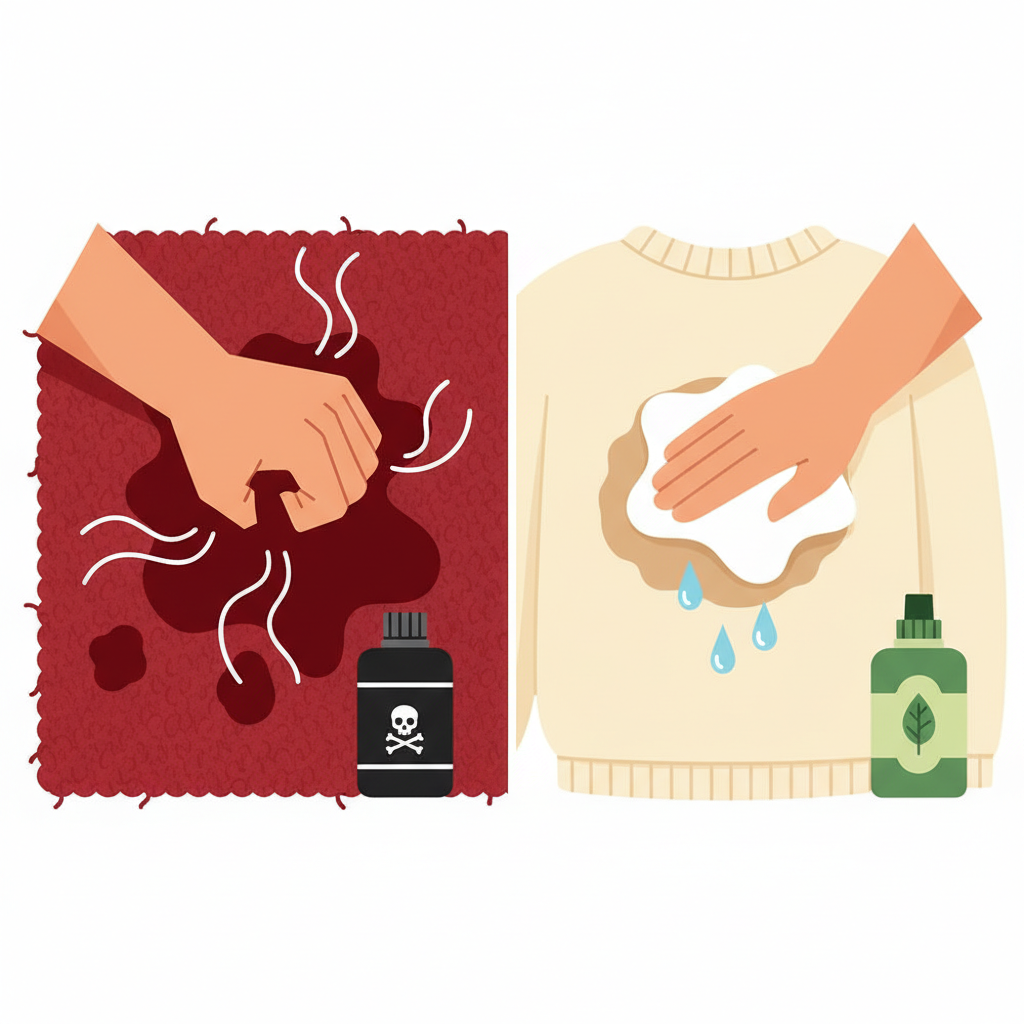 A clear, contrasting flat illustration presented as a split scene. On the left side, a hand aggressively rubs a visible red wine stain deep into a textured wool fabric, with stylized steam subtly indicating hot water, and a harsh chemical bottle depicted nearby. The wool fibers appear slightly frayed. On the right side, the same type of hand gently dabs a fresh coffee stain on a soft, light-colored wool sweater using a clean cloth and cool water droplets, next to a mild, eco-friendly detergent bottle. The wool on this side looks pristine and undisturbed, visually emphasizing the correct, gentle approach versus the damaging one.