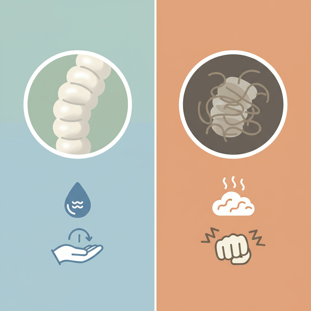 A sophisticated infographic-style illustration contrasting the effects of proper versus improper stain removal on wool. On one side, show a magnified, healthy wool fiber, accompanied by gentle icons like a water droplet (cold) and a soft hand-motion symbol. On the other side, depict a damaged, shrunken, or matted wool fiber with contrasting icons representing harsh elements like a steam cloud (hot water) and aggressive scrubbing motion. The design should be clean and clear, using subtle color coding to differentiate between beneficial and harmful actions, visually explaining wool's delicate nature.