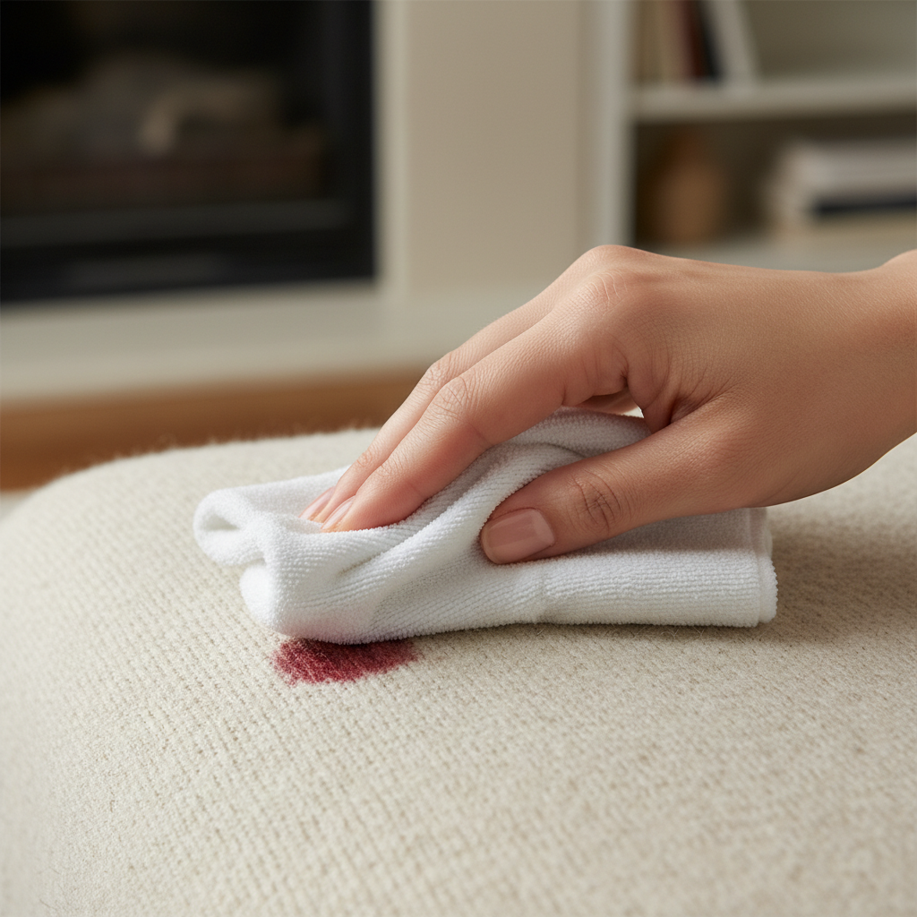 A professional close-up photo of a hand gently dabbing a fresh, small red wine stain on a light beige, soft wool sweater. The hand holds a clean, white microfibre cloth, delicately pressing it onto the stain without rubbing. Emphasize the fine texture of the wool fibers and the careful, precise motion. The background is softly blurred, suggesting a cozy home environment. The lighting is natural and soft, highlighting the quality of the wool and the gentle action.