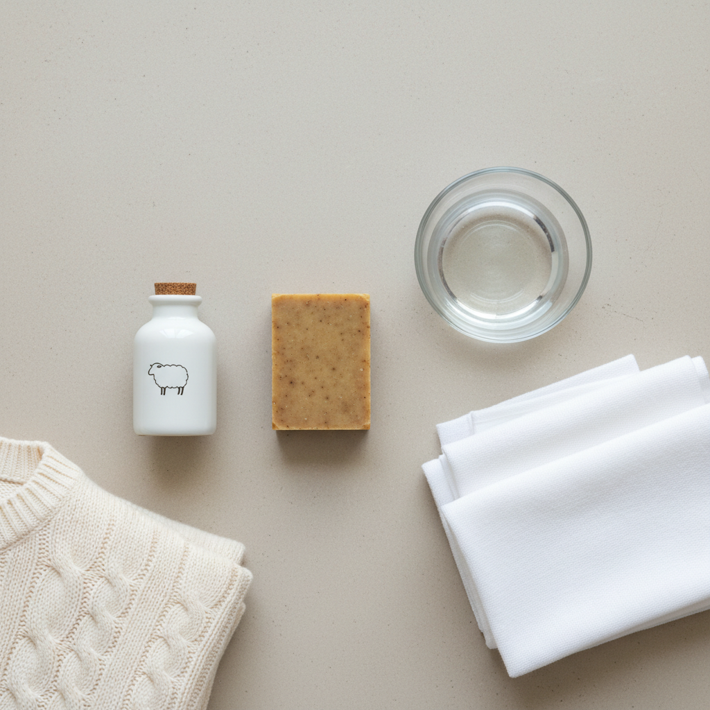 A clean, minimalist flat lay photograph showcasing essential items for delicate wool stain removal. Arranged neatly on a light, neutral surface are a small bottle of wool-specific detergent, a classic bar of gall soap, a glass bowl filled with clear distilled water, and a stack of soft, pristine white cloths. A corner of a luxurious, light-colored wool sweater is subtly visible in the composition, reinforcing the context of wool care. The lighting is bright and even, creating a crisp, inviting visual.