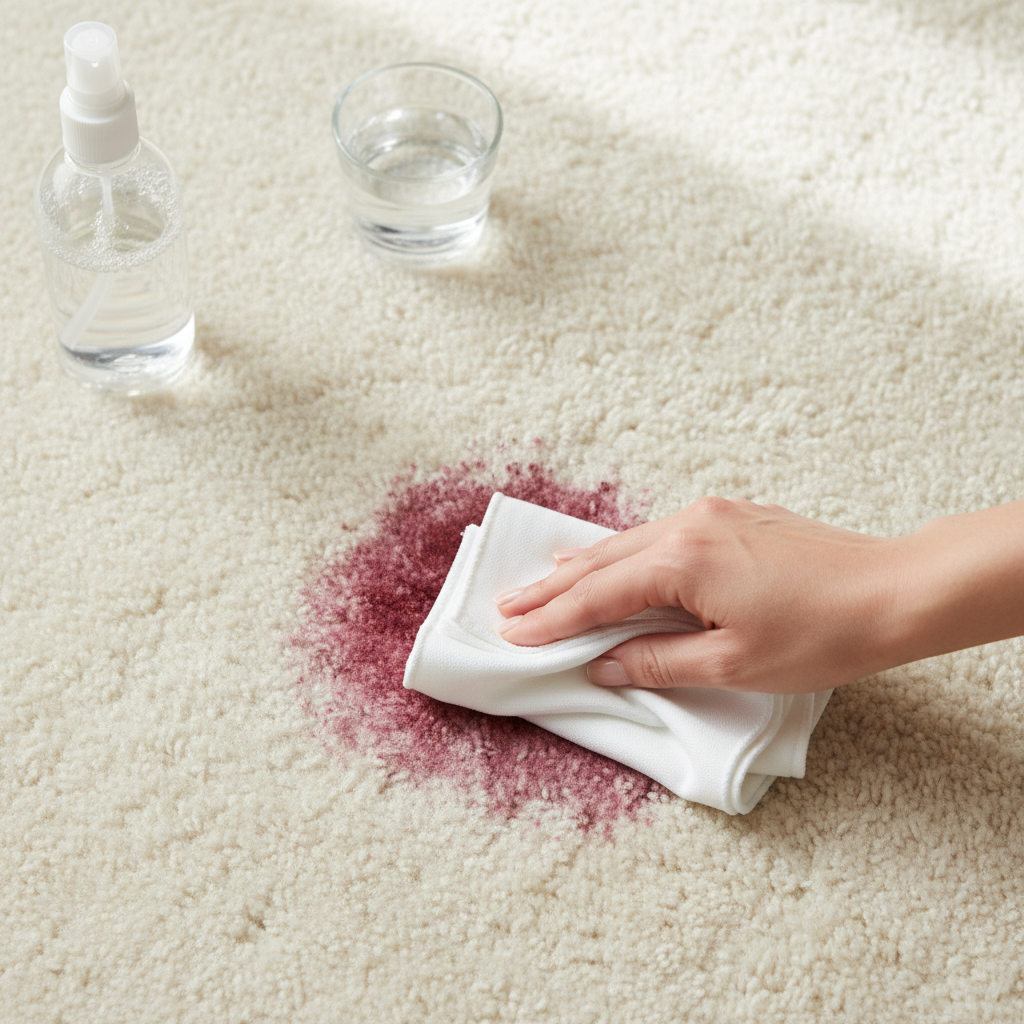 A close-up, top-down professional photograph showcasing the delicate process of removing a fresh red wine stain from a luxurious, light-beige wool carpet. A hand, holding a clean, white, absorbent cloth, is gently dabbing the stain from the outer edges inwards, demonstrating the 'tupfen statt reiben' technique. The soft, natural texture of the wool fibers is clearly visible. In the background, slightly out of focus, are essential tools: a transparent spray bottle with a mild cleaning solution and a small container of distilled water. The lighting is bright and natural, highlighting the careful, non-abrasive action and the quality of the carpet.
