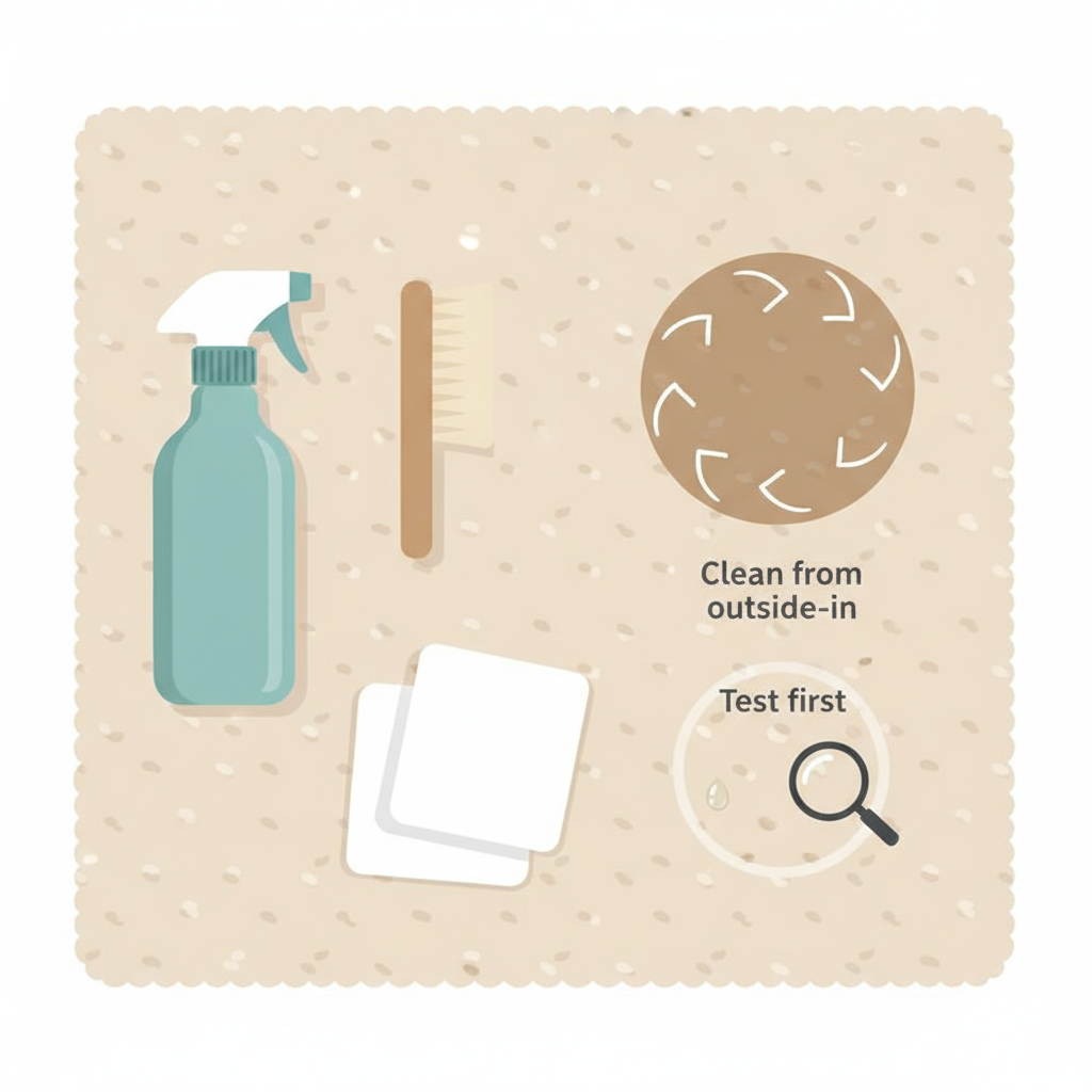 A clean, modern flat illustration in an infographic style, depicting essential elements for wool carpet stain removal. The composition shows a collection of tools: a sleek spray bottle, a soft-bristled brush, and a stack of clean, white absorbent cloths. Alongside these, two distinct visual cues on a simplified wool carpet texture: one showing an arrow pointing from the outer edge of a stain inward towards its center, symbolizing the 'clean from outside-in' method, and another subtle visual representing a small, unnoticeable patch of carpet where a tiny test droplet has been applied, emphasizing the importance of testing cleaning solutions. The color palette is soft and inviting.