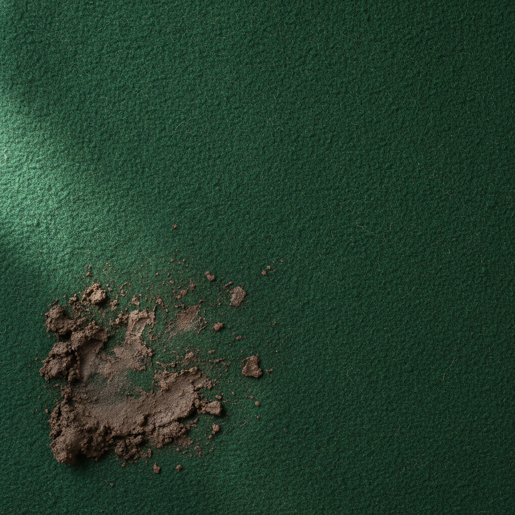 A close-up, professional flat lay photo showcasing a vibrant piece of deep red or forest green wool walk fabric. On one section, a small, yet noticeable, fresh mud or chocolate stain is visible, slightly embedded in the textured surface. The image emphasizes the soft, dense, and slightly fuzzy texture of the wool walk, highlighting its natural, interlocking fibers and the contrast with the intrusive imperfection. The lighting is soft and natural, making the fabric appear rich and appealing, despite the stain.