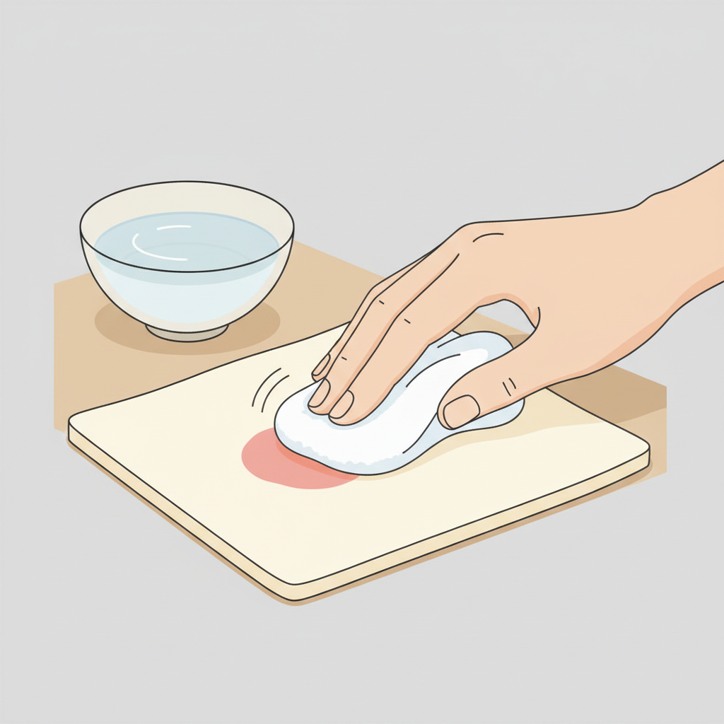 A clean, minimalist flat illustration depicting the initial steps of gentle stain removal on a small patch of light-colored wool walk fabric. A human hand, with clean fingers, is shown delicately dabbing a small, fresh liquid stain (like juice) with the corner of a soft, white cloth or sponge. Nearby, a small, simple bowl of clear water is subtly visible. The focus is on the careful, non-abrasive, dabbing motion, emphasizing quick and gentle action rather than harsh rubbing.