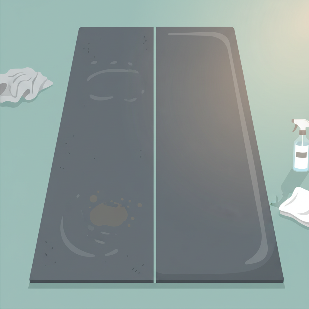 A split image clearly illustrating the contrast between a dirty and a clean yoga mat. On one side, the mat has subtle, visible sweat marks, a faint smudge, and looks dull. On the other side, the mat is vibrant, spotless, and looks pristine and inviting. A gentle, soft light illuminates the clean side, highlighting its freshness. In the background, blurred elements like a spray bottle and a clean cloth hint at the cleaning process without being the main focus. Flat illustration style with clean lines and a soft color palette.