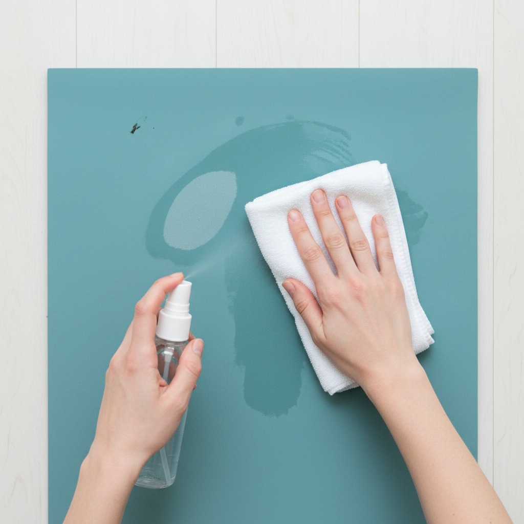 An overhead view of hands actively cleaning a yoga mat. The mat is a common color like blue or green, and has a few faint, abstract representations of stains (e.g., a slightly discolored area for sweat, a small, dark smudge). One hand holds a small, generic spray bottle, misting a clear liquid onto the mat, while the other hand gently wipes the area with a soft, white cloth. The lighting is bright and even, highlighting the practical action. Professional photo, clean, bright, and focused on the hands and mat.