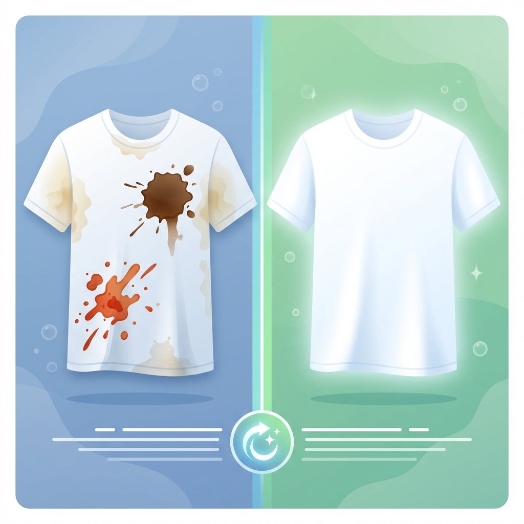 A visually striking split-screen or 'before & after' illustration featuring a pristine white t-shirt. On the 'before' side, the t-shirt is visibly marred by several common, vibrant stains: a brown coffee spill, a reddish-orange food splatter, and faint yellow armpit discoloration. On the 'after' side, the exact same t-shirt is flawlessly white and radiant, emphasizing its restored brilliance. The overall style should be a clean, modern flat illustration with smooth gradients and soft shadows, conveying a sense of fresh cleanliness and successful stain removal.