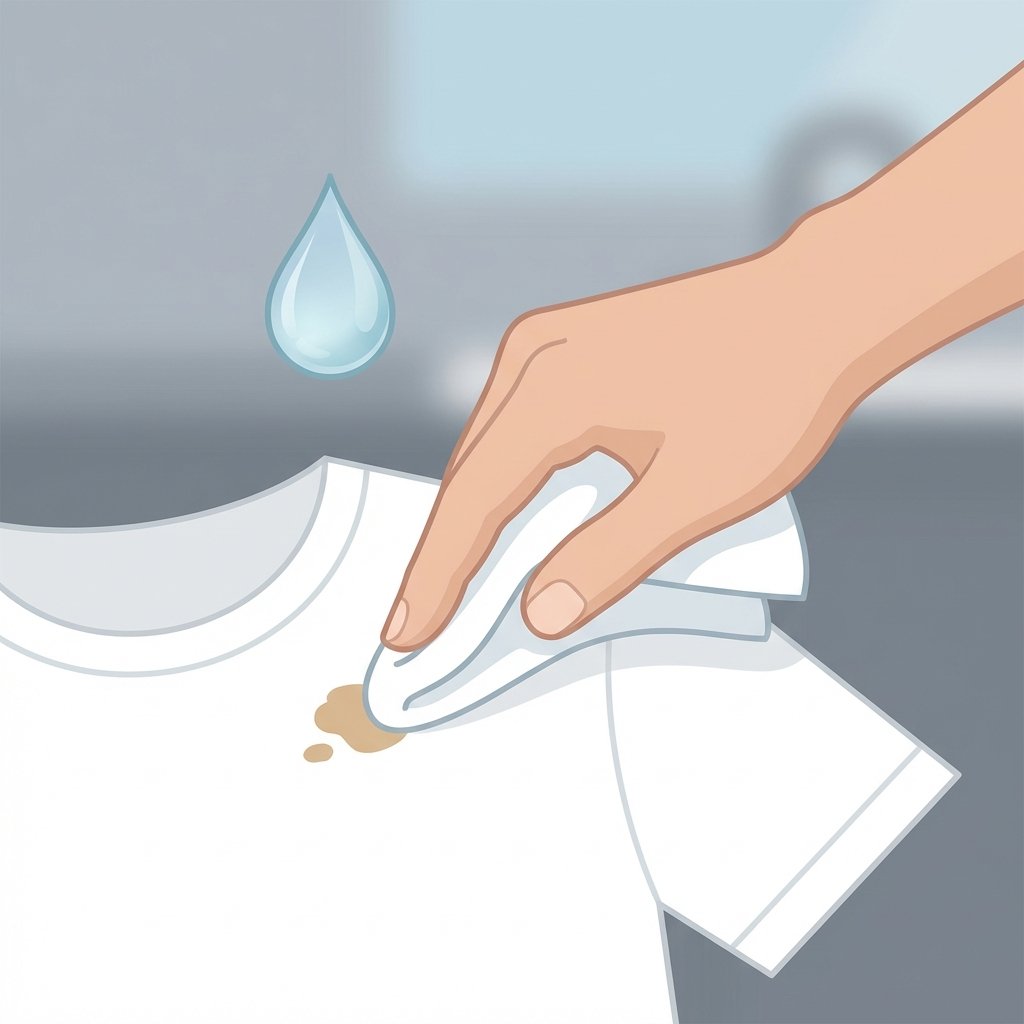 A close-up, infographic-style illustration demonstrating a key step in stain removal. A person's hand, wearing a subtle short sleeve, is gently dabbing a fresh, small stain (e.g., a light brown coffee splat) on a crisp white t-shirt with a clean, white cloth or paper towel. A stylized droplet of cool blue water hints at the use of cold water in the background or foreground, without being overly literal. The focus is on the careful, non-rubbing motion. The aesthetic should be a clean, minimalist vector illustration, using soft, muted colors for the background elements to keep the white t-shirt and the action prominent.