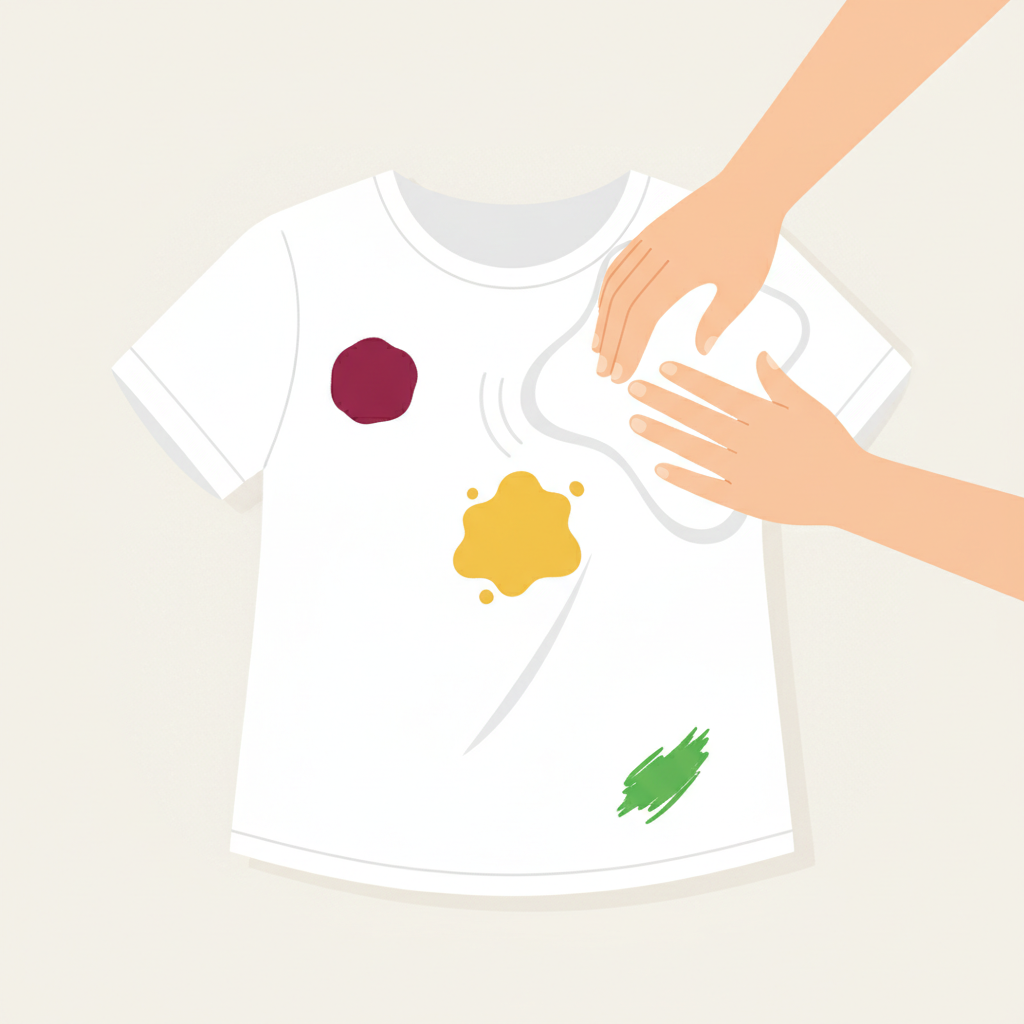 A bright, clean flat illustration depicting a pristine white shirt or blouse as the central element. Scattered across its surface are small, distinct splashes of common, colorful stains: a vibrant red wine stain, a blob of yellow mustard, and a green grass smear. Hovering over one of the stains, a pair of gentle, stylized hands is shown delicately dabbing with a clean white cloth, illustrating the 'don't rub' principle. The overall composition should convey the vulnerability of white clothing to stains and the careful initial steps of treatment. Use a minimalist color palette with stark white and vibrant stain colors.