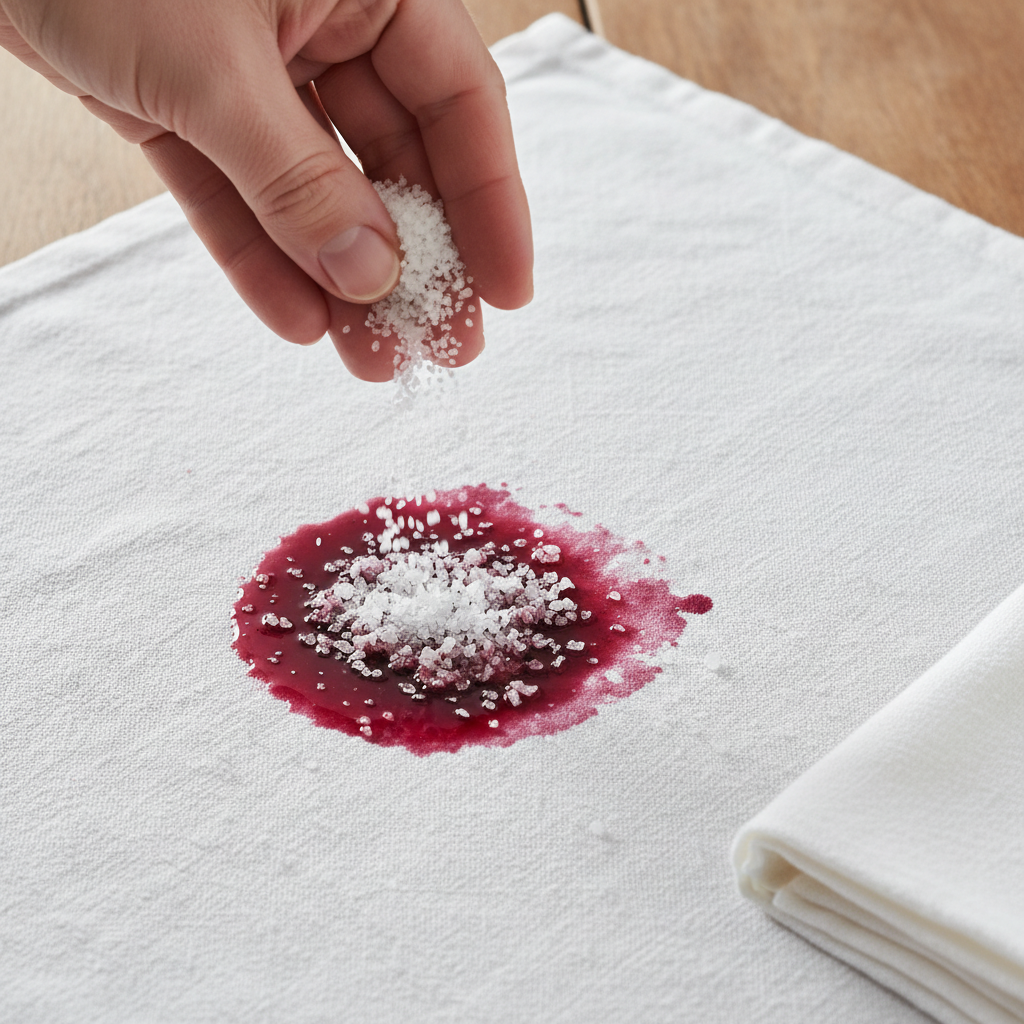A professional, close-up photo focusing on a real-life scenario of stain removal on white fabric. The image captures a fresh, dark red wine spill on a crisp white cotton fabric, possibly a tablecloth or a white shirt. A human hand is delicately sprinkling coarse white salt directly onto the wet wine stain, with salt grains visibly falling and beginning to absorb the liquid. In the corner of the frame, a clean, folded white cloth is ready for dabbing. The lighting should be bright and natural, highlighting the texture of the fabric and the action of the salt. The background is softly blurred to keep the focus on the stain and the immediate treatment.