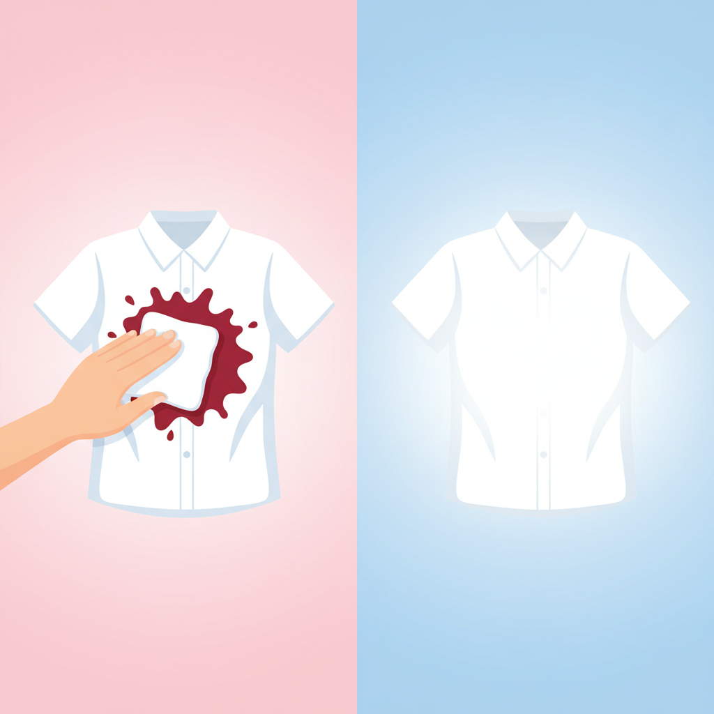 A vibrant, split-scene flat illustration. On the left, a crisp white cotton shirt is depicted with a noticeable, fresh red wine stain spreading across its front, slightly crumpled. A human hand, entering from the left, gently dabs the stain with a small, pristine white cloth. On the right, the same white shirt is shown perfectly clean, unfolded, and glowing brightly, reflecting purity. The background is a soft, light gradient, emphasizing the before-and-after transformation. The overall mood is hopeful and effective.