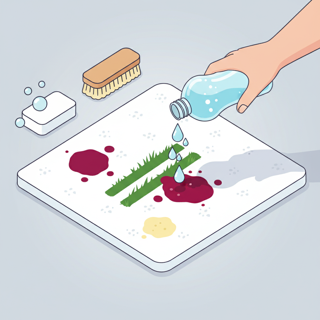 A modern, detailed isometric illustration showcasing various common stains on a textured white fabric surface, resembling a white towel or tablecloth. Prominently featured are distinct small splotches of red wine, a grass smear, and a faint yellow perspiration mark. A generic, stylized hand emerges from the top-right, carefully squeezing a translucent liquid from an abstract cleaning solution bottle directly onto one of the stains. In the background, subtle outlines of a bar of soap and a soft-bristle brush hint at other cleaning aids. The focus is on precision and immediate action.