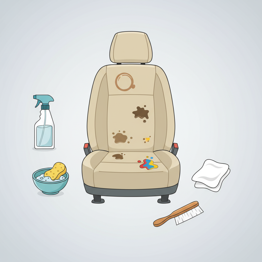 A modern, clean flat illustration showing a car seat with a variety of common stains scattered across its surface (e.g., a brown coffee ring, a greasy food spot, a colorful ink blob). Around the seat, various generic cleaning items are arranged neatly: a spray bottle, a small bowl with a sponge, a clean cloth, and a soft brush. The illustration should visually suggest the diversity of stains and the preparation of different tools without showing an active cleaning step.