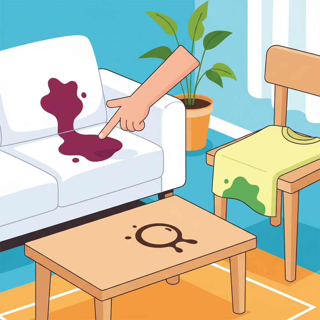 A vibrant, flat illustration depicting a common household scenario where multiple, distinct fresh stains are visible on different surfaces. A white fabric sofa cushion shows a splash of red wine, a pale yellow shirt has a noticeable green grass stain near the hem, and a light wooden table has a spilled coffee ring. A hand is reaching towards one of the stains, implying the immediate need for action. The composition should convey a sense of everyday life's little mishaps, using bright, clean colors and simple, bold shapes.