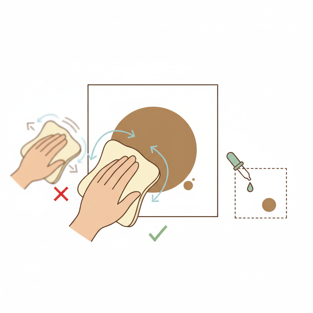 An infographic-style illustration showcasing the fundamental principles of stain removal through a sequence of actions. The image features a white textile with a prominent coffee stain. One part of the image shows a hand gently dabbing the stain with a clean cloth from the outer edge towards the center, emphasizing 'don't rub' and 'from outside to inside.' Another section subtly indicates a small, inconspicuous test patch area on the fabric. The overall style is clean and instructional, using a muted color palette to highlight the actions and materials without being overly complex.