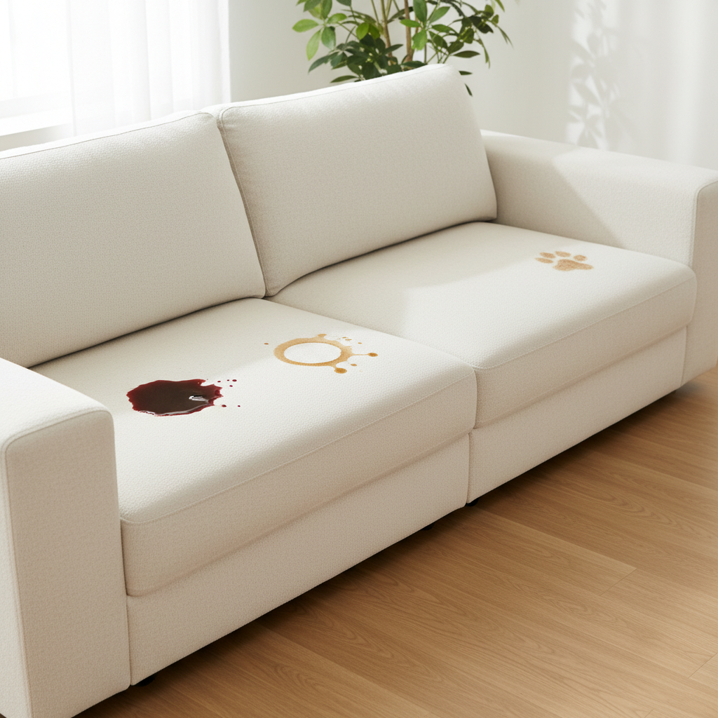 A professional photo of a modern, light-colored fabric sofa. The sofa should display several common, fresh stains on different cushions, such as a dark red wine spill, a circular coffee ring, and a subtle muddy paw print. The lighting should be bright and natural, highlighting the contrast between the clean sofa material and the various discolorations. The image aims to immediately convey the article's core problem in a relatable, visually appealing manner, suitable as an inviting header image for a blog post. Ensure no branding or text is visible.
