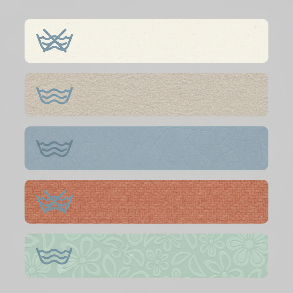 An infographic-style illustration depicting a comparison of different wallpaper types and their typical washability. The image should feature five distinct sections, each representing a different wallpaper type: Paper, Non-Woven (Vlies), Vinyl, Textile, and Embossed. Each section should visually showcase a subtle texture or pattern characteristic of that wallpaper type. Next to each wallpaper sample, include a small, stylized icon, such as a single wavy line for 'washable' or a crossed-out wavy line for 'not washable', reflecting general cleaning capabilities. The overall aesthetic should be clean, modern, and easy to understand, using a harmonious color palette.