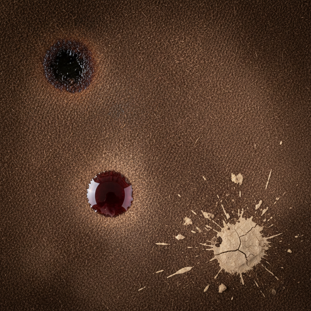 A close-up, high-detail professional photo showcasing a piece of luxurious, soft Veloursleder. The velvety texture is clearly visible, with light playing across its nap. Several common household stains are depicted on its surface: a small, dark coffee spill, a light reddish-brown wine drop, and a faint, dried mud splatter. The image emphasizes the contrast between the elegant material and its vulnerability to everyday accidents, conveying a sense of needing care and attention to maintain its pristine look. The focus is on the textures and the clear visual impact of the blemishes.