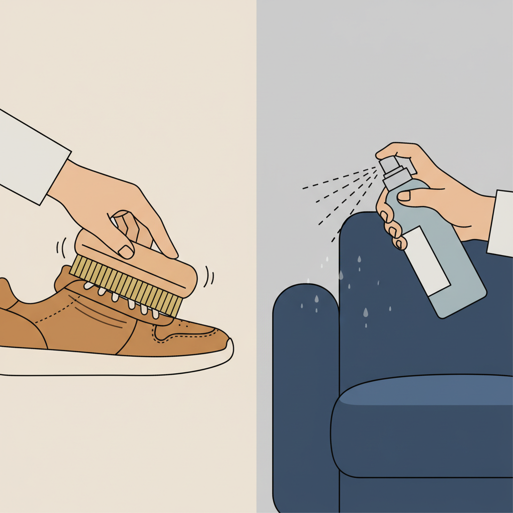 A clean, modern flat illustration depicting the essential steps of Veloursleder care for prevention. On one side, a hand holds a specialized Velourslederbürste (suede brush) with visible rubber or brass bristles, gently brushing the surface of a Veloursleder shoe or a small section of a couch. On the other side, another hand is spraying an impregnation spray onto a different part of the Veloursleder item, creating a fine, protective mist that subtly settles on the surface. The background is simple and uncluttered, highlighting the tools and the protective actions. The overall style is friendly and instructional, focusing on clarity and ease of understanding.