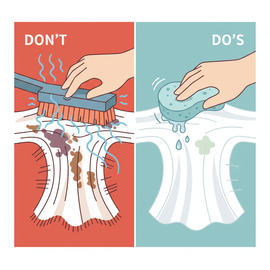 A stylized flat illustration or infographic-style image comparing the 'do's and don'ts' of viscose stain removal. On one side, depict damaged viscose fibers: frayed, shrunken, perhaps with agitated, hot water ripples and a harsh scrubbing brush. On the other side, show healthy, intact viscose fibers, gently being treated with a soft dabbing motion, cool water droplets, and a soft sponge. The contrast should be stark, visually communicating the impact of harsh vs. gentle treatment on the fabric's structure, emphasizing the sensitivity of the material without needing labels.