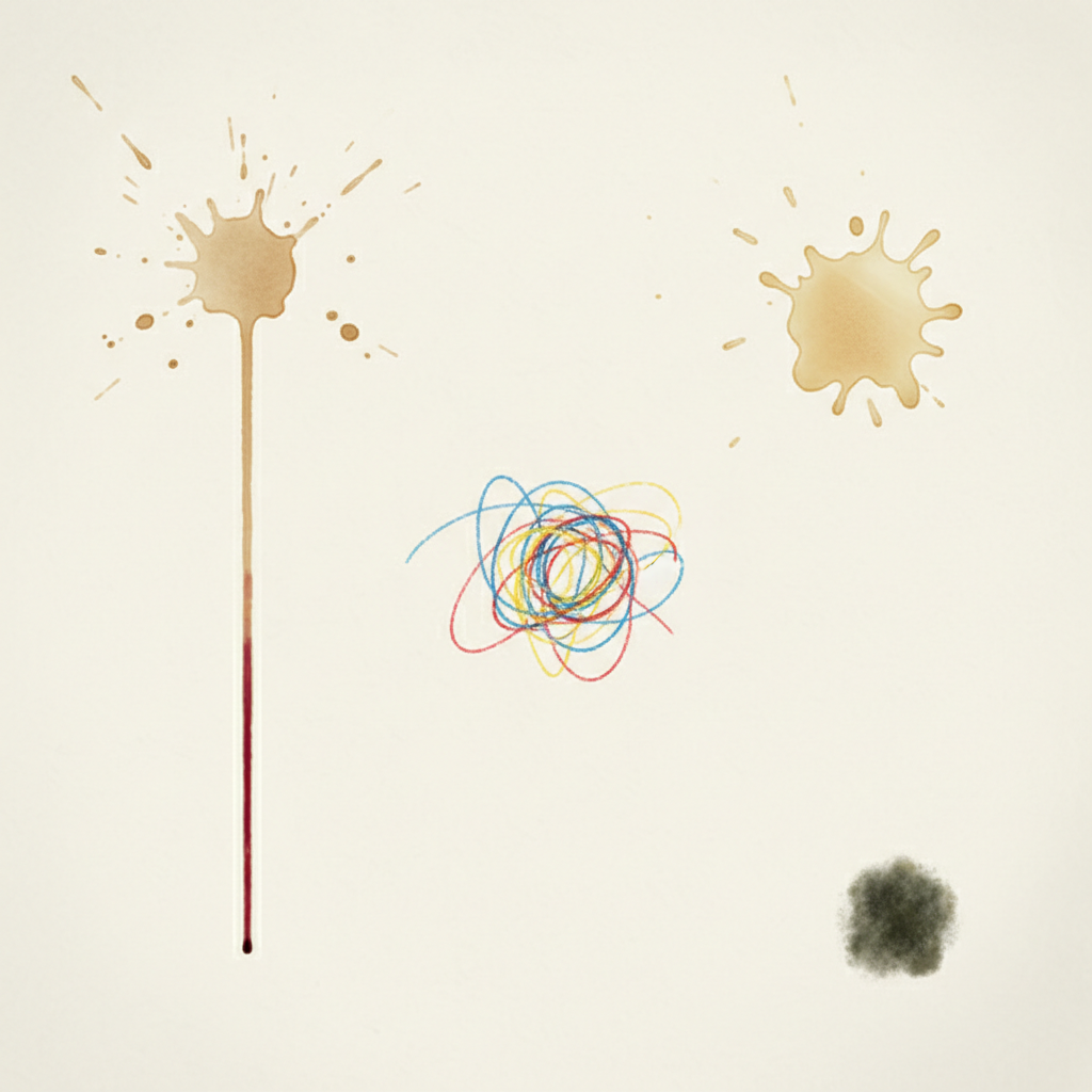 A clean, light-colored interior wall prominently features various common household stains. On different parts of the wall, subtly but clearly depicted, are a dried coffee splash, a streak of red wine dripping downwards, a colorful crayon scribble from a child, a greasy kitchen splatter, and a small, faint patch of dark mold. The wall itself should appear slightly textured, indicating a painted surface. The overall style is a professional, realistic digital illustration, focusing on cleanliness and detail, making the stains look distinct but not overly gross, suitable for a helpful home improvement blog.