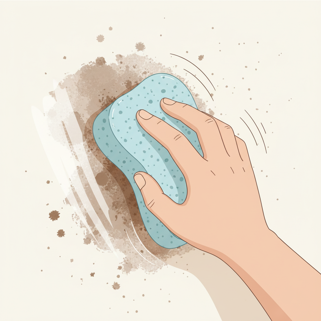 A close-up, dynamic flat illustration depicts a section of a light-colored wall with a prominent, yet partially removed, stain. A human hand, holding a soft sponge or cloth, is actively wiping away a visible coffee or dirt stain, leaving a clean streak behind. The illustration should emphasize the motion of cleaning and the contrast between the remaining stain and the newly cleaned wall area. The style should be modern, clean, and minimalist, with a focus on simple shapes and soft colors, conveying a sense of progress and effective cleaning.