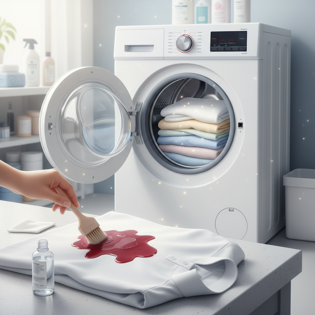 A vibrant, clean digital painting depicting a modern washing machine as the hero of stain removal. In the foreground, a close-up of a white shirt with a visible, realistic red wine stain is being gently pre-treated with a small brush or a dab of liquid. In the background, the washing machine door is slightly ajar, revealing sparkling clean, folded laundry inside, symbolizing successful stain removal. The overall atmosphere should be bright and fresh, conveying effectiveness and ease. A subtle shimmer emanates from the clean clothes, suggesting a 'before and after' effect.