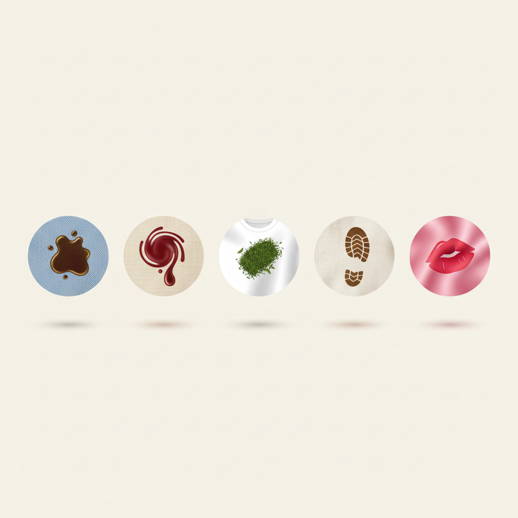 An infographic-style illustration showcasing various common types of stains on different fabric swatches. Arrange multiple small, distinct fabric squares or circles, each depicting a specific stain: a greasy oil splat, a vibrant red coffee drip, a dark green grass mark, a muddy footprint, and a red lipstick smudge. Each stain should be clearly identifiable and visually distinct on a neutral-colored fabric background. The composition should suggest identification and categorization, presenting the diversity of cleaning challenges in a clean, crisp vector art style with soft shadows.