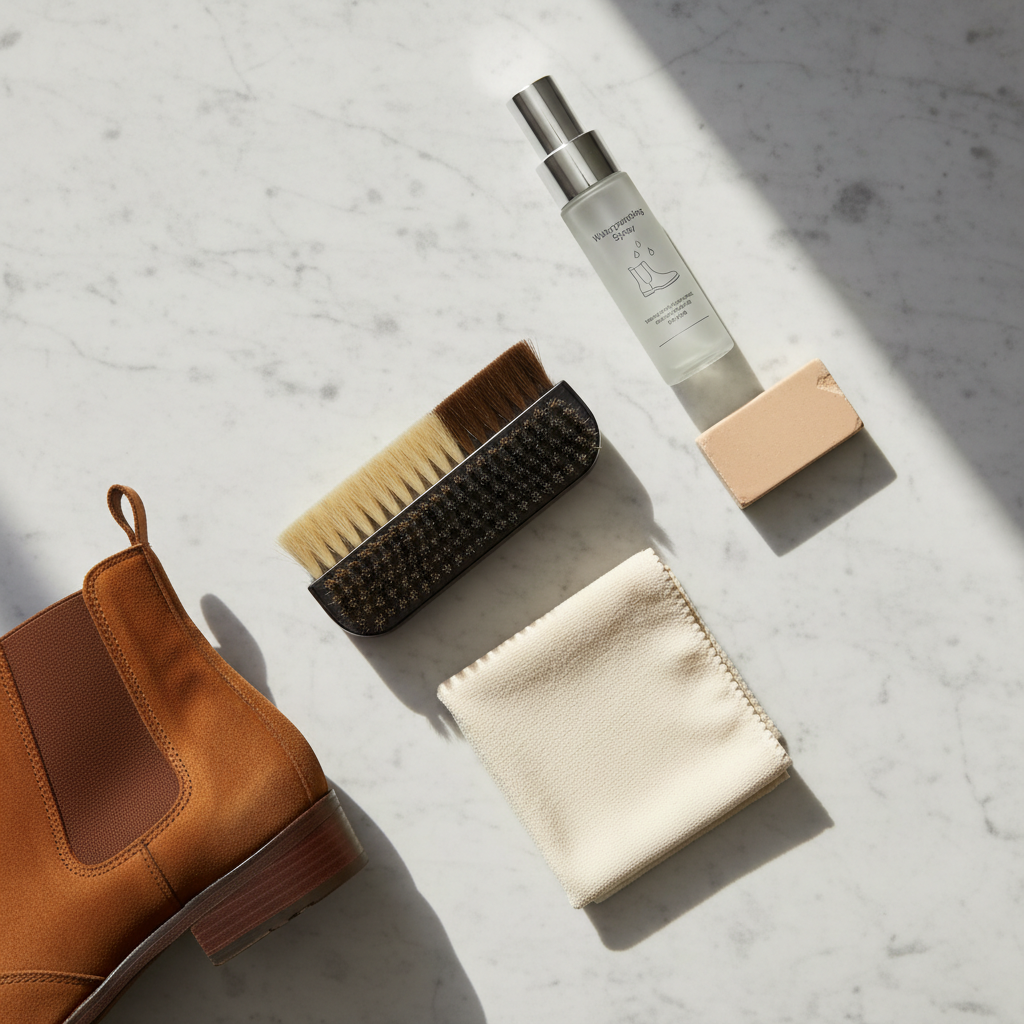 A professional flat lay photograph showcasing essential suede care tools. On a clean, light-colored background (e.g., natural wood or marble), arrange a two-sided suede brush (one side with soft brass/rubber bristles, the other with harder nubs), a beige suede eraser, a sleek bottle of waterproofing spray, and a neatly folded, soft, lint-free cloth. A luxurious brown suede boot or handbag subtly peeks into the frame from a corner, suggesting the item being cared for. The lighting should be soft and even, highlighting the textures and conveying a sense of quality and meticulous care.